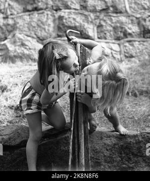 Drøbak 19470902. Die Dürre und der Wassermangel im Sommer 1947 waren auch in Drøbak spürbar. Das Wasser wurde während Drøbak abgeschaltet, und jeder wurde dazu beortet, Wasser in Eimern zu holen. Hier drehen zwei kleine Mädchen den Durst am Brunnen / Wasserpfosten. Altmodisch. FOTO: LYNAU / NTB / NTB Stockfoto