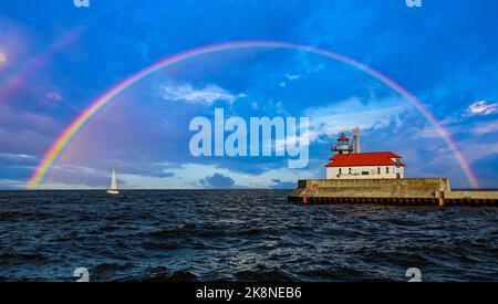 Der Blick auf einen Regenbogenbogen über der Meereslandschaft mit dem äußeren Licht des Duluth Harbour South Breakwater Stockfoto