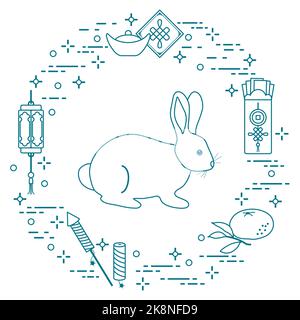 Frohes neues Jahr. Vektor-Illustration mit Kaninchen, chinesische Laterne, Mandarine, Umschlag, Feuerwerk, Barren. Festtage Traditionen, Symbole chinesisches Neujahr Stock Vektor