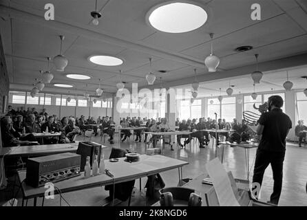 Telemark im Frühjahr 1970. Das Norwegische Autorenzentrum reist in Zusammenarbeit mit der jungen Künstlergesellschaft auf einer dreiwöchigen Tour nach Telemark und Buskerud. Hier besucht die Tour die Magnesiumfabrik von Norsk Hydro in Herøya und führt während der Frühstückspause für die Arbeiter durch. Foto: Sverre A. Børretzen / Aktuell / NTB Stockfoto
