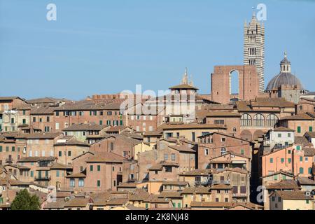 Panorama von Siena mit den roten Häusern, der Kathedrale im italienischen romanisch-gotischen Stil und dem Torre del Mangia mit Blick auf die Piazza del Campo. Stockfoto