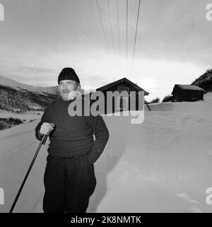 Argehovd nördlich von Møsvatn, Hardangervidda. März 1966. Åsmund Løvås (84) lebt und betreibt mit seinen beiden Söhnen den Hof Argehovd weit in Hardangervidda. Jagd und Fallenlassen gehören zu ihrem Alltag. Hier Åsmund Skifahren. Foto: Aage Storløkken / Aktuell / NTB Stockfoto