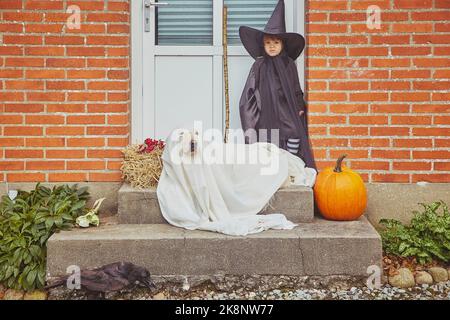 Liebenswert trauriges Kind mit Hund auf der Veranda in halloween-Kostümen gekleidet Stockfoto