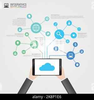 Geschäftsmann, der ein Tablet verwendet. Infografik-Konzept. Vektorgrafik Stock Vektor