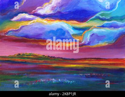 Sonnenuntergang auf Wiese Landschaft Kunst. Heller Sonnenuntergang, Tal, Hügel, Wolken Landschaft Acryl Malerei. Farbenfrohe Öllandschaft. Wunderschöne, romantische Aussicht. Sonnen Stockfoto