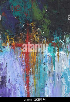 Abstraktes Öl Kunstwerk Handmalerei. Rotes Kreuz auf bunt strukturiertem Hintergrund. Grunzige Kulisse. Bunte, helle Textur. Palettenmesser Art. Kontem Stockfoto
