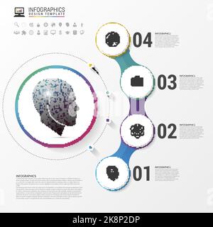 Infografik. Kreativer Kopf. Farbiger Kreis mit Symbolen. Vektorgrafik Stock Vektor