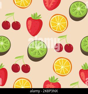 Nahtloser Hintergrund mit verschiedenen tropischen Früchten auf weiß. Vektor-Fruchtmuster. Zitrone, Erdbeere, Kiwi, Orange Stock Vektor