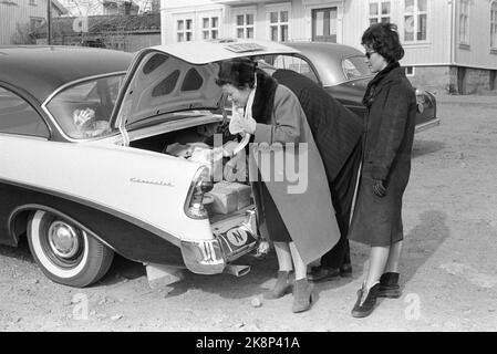 Strømstad 6. April 1963. Norweger marschieren am schneidenden Donnerstag in Strømstad ein. Die Tradition begann nach dem Krieg, als Norwegen den größten Teil der Waren vermisste. Die Geschäfte in Norwegen sind am Donnerstag geschlossen, so dass Sie eine Reise nach Schweden Unternehmen müssen, um das Auto oder Boot mit verschiedenen Waren zu füllen. Hier ist eine Familie, die den Kofferraum ihres Autos füllt. Foto: Ivar Aaserud / Aktuell / NTB Stockfoto