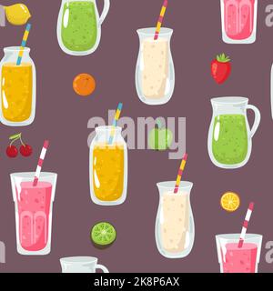 Handgezeichnete Vektor abstrakt Sommer Bio frische Früchte nahtlose Muster mit Cocktail in Glasflasche Glas, Wassermelone, Zitronenscheibe und Minzblätter Stock Vektor