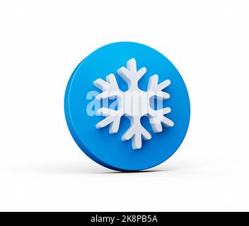 Snowflake 3D Symbol auf blauen Knopf Kreis Form isoliert auf weißem Hintergrund 3D Abbildung Stockfoto