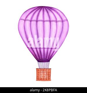 Wasserfarbe lila Heißluftballon. Handbemalte Himmelsabbildung mit Aerostate isoliert auf weißem Hintergrund. Für Design, Drucke, Stoff oder Hintergrund Stockfoto