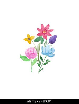 Aquarell Blumen Blumenstrauß handbemalt. Aquarelle abstrakter Blumenstrauß auf weißem Hintergrund. Stockfoto