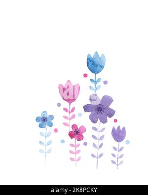 Aquarell abstrakte Blumen Malerei. Dekorative Blüten mit Stielen und Blättern. Rosa und blau einfache Aquarelle Blumen Kunstwerk. Stockfoto