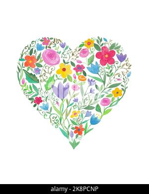 Aquarell Herz aus Blumen Malerei gemacht. Valentinskarte. Liebessymbol. Herz aus bunten Blumen mit grünen Blättern. Stockfoto
