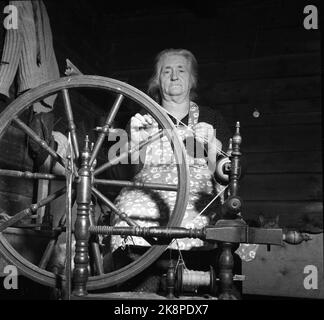 Loen 1947 etwas mehr als 10 Jahre nach dem großen Rennunfall ist das Leben in den Dörfern rund um Loen zurückgekehrt. Hier ist eine alte Dame, die Garn auf einem Felsen spinnt. Foto: Th. Scotaam / Aktuell / NTB Stockfoto