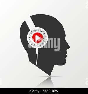 Menschlicher Kopf mit Kopfhörern. Vektorgrafik Stock Vektor