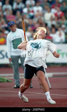 Oslo 19950721. Trine Solberg Hattestad Action Spear, Frauen, Bislett Games 21. Juli 1995. Foto: Erik Johansen/NTB Stockfoto