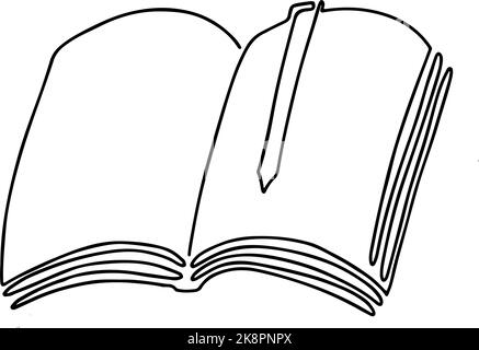 Geöffnetes Buch mit Seiten und Lesezeichen auf Weiß isoliert. Fortlaufende Linienzeichnung. Vektorgrafik. Stock Vektor