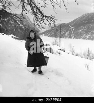 Dalen in Telemark, Februar 1955. Ingerine und Gorine Schvenius (83 und 81 Jahre alt) leben allein auf dem Platz ROI oder Rui im Tal des Telemark. Auf diesem kleinen Platz hoch oben in der Bergwelt steht die Zeit still. Hier ist Gorine auf dem Weg, um Wasser zu holen, etwa 100 Meter vom Haus entfernt. Foto: Aage Storløkken / Aktuell / NTB Stockfoto