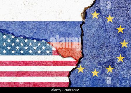 Eine Illustration der Nationalflaggen der USA, der EU und Russlands Stockfoto