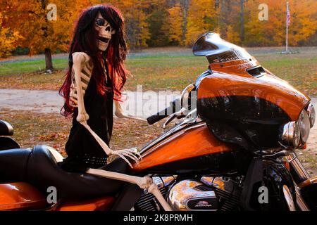 Weibliches Skelett, das im Herbst auf einem Motorrad sitzt Stockfoto