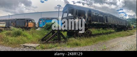 Longport, Stoke on Trent Vereinigtes Königreich 08. Juni 2022, verlassene britische Lokomotiven und Personenwagen auf Eisenbahnschienen mit Gras überwuchert. Decom Stockfoto