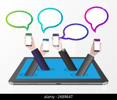 Geschäftskonzept. Hände mit Telefonen und Sprechblasen. Vektorgrafik Stock Vektor