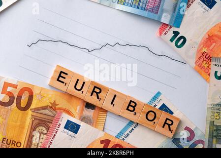 Wort EURIBOR ist in Holzbuchstaben auf dem Hintergrund von Euro Banknoten und Chart geschrieben. Kopieren Einfügen. Stockfoto