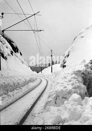 Südnorwegen, Februar 1951: Starker Schneefall über dem südlichen Teil des Landes verursachte wochenlang Chaos. Zweimal war die Sørlandsbanen wegen Schneefalls geschlossen. Hier gleisen Schienen durch schneebedeckte Landschaften. Die Pflasterkanten wurden allmählich 5 Meter hoch. Foto: Arne Kjus / Aktuell / NTB Stockfoto