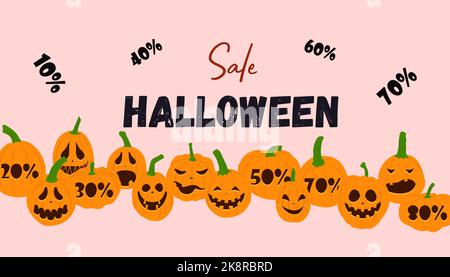 Banner zu Halloween-Angeboten. Vektor flache Kürbisse mit gruseligen leuchtenden Gesichtern. Design für Poster, Banner, Flyer. Stock Vektor