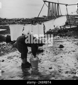 Lofoten im Winter 1951. Mehrere Fischerdörfer in Lofoten werden geräumt, weil sie ohne Strom, Straßen-, Kais- und Telefonanschluss nicht betrieben werden können. An einigen Orten haben die Gemeinden beantragt, Geld vom Staat zu bewegen, um die gesamte Bevölkerung einschließlich der Wohnhäuser zu bewegen. Eggum ist ein Ort, an dem Häuser verlegt werden müssen. Hausfrau bei Eggum zu sein, ist ein harter Job. Hier steht Sofie Johansen und hängt Kleider an der Mulde vor dem Haus. Foto: Sverre A. Børretzen / Aktuell / NTB Stockfoto