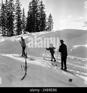 Hakadal 19630113 das neue Skigebiet Varingskollen wurde eröffnet, mit Sessellift, alpinen Loipen und Wanderwegen. Hier ist eine Familie auf dem Weg nach draußen auf einem der vielen Wanderwege. Mutter, Vater und Kinder auf dem Trail. Foto: Thorberg / NTB / NTB Stockfoto