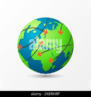 Flugzeuge fliegen um den Planeten Erde. Reisekonzept. Vektorgrafik Stock Vektor