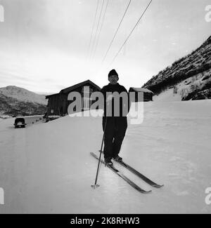 Argehovd nördlich von Møsvatn, Hardangervidda. März 1966. Åsmund Løvås (84) lebt und betreibt mit seinen beiden Söhnen den Hof Argehovd weit in Hardangervidda. Jagd und Fallenlassen gehören zu ihrem Alltag. Hier Åsmund Skifahren. Foto: Aage Storløkken / Aktuell / NTB Stockfoto