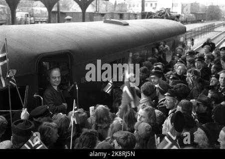 Oslo 194509 Peace Days, 1945. Mai. „The Voice from London“ Hallomann / NRK-Reporter Toralv Øksnevad kommt in Oslo an und wird von jubelnden Massen mit norwegischen Flaggen empfangen. Foto: Håland / NTB / NTB Stockfoto