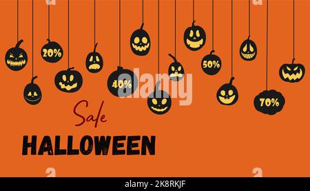 Banner zu Halloween-Angeboten. Vektor flache Kürbisse mit gruseligen Gesichtern. Design für Poster, Banner, Flyer. Stock Vektor