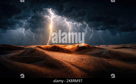 Blitz in der Wüste mit dramatischen dunklen Wolken Hintergrund, Dammam-Saudi-Arabien. Stockfoto