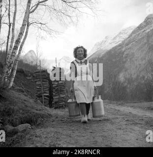 Loen 1947 etwas mehr als 10 Jahre nach dem großen Rennunfall ist das Leben in den Dörfern rund um Loen zurückgekehrt. Hier ist Anna Nesdal, die Wasser in einem Bach oder einer Quelle aufgenommen hat. Das Wasser wird in großen Milcheimern gesammelt. Foto: Th. Scotaam / Aktuell / NTB Stockfoto