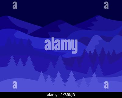Nacht Winter Berglandschaft. Berglandschaft mit weihnachtsbäumen im flachen Stil. Blick auf die verschneiten Hügel. Design für Plakate, Reisebüros a Stock Vektor
