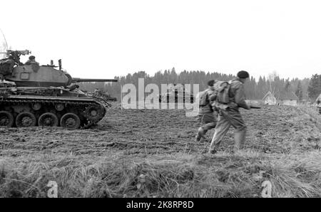 Vestfold 1952115. Die erste Militärübung in Norwegen in der Nachkriegszeit nahm an 30.000 Männern und 7.000 Fahrzeugen in der Übung 'Herbst' Teil Es war eine regnerische Übung. Zwischen den Regenfällen hing der Verschluss schwer in den Baumkronen, alles war durchnässt, grau, traurig und sauer. Die Vorladung kam aus Ostnorwegen, Sørlandet, Rogaland, Møre und Trøndelag. Panzer aus dem Süden greifen an, aber dann wurden sie von einer 'gesprengten' Brücke gestoppt. Foto: Sverre A. Børretzen / NTB Stockfoto