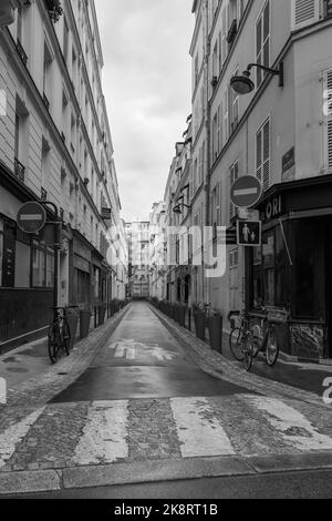 Eine vertikale Graustufe einer Zebrakreuzung mit einer schmalen Straße im Hintergrund, Paris, Frankreich Stockfoto