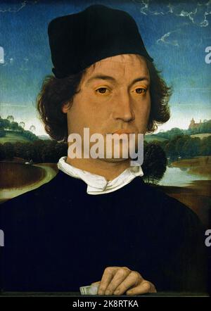 Hans Memling ( Memlinc ) 1430 – 1494 Deutschland, Portrait eines unbekannten Mannes mit Brief, 1485-1489, Öl auf Tafel, Uffizien, Florenz, Italien. Stockfoto