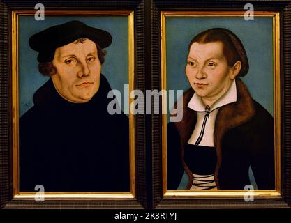 Porträts von Martin Luther und Katherina Bora 1529 Werkstatt von Lucas Cranach d.Ä. (1472–1553) Lucas Cranach , Lutherstadt, Wittenberg, deutsch, Maler, Zeichner, Grafiker und Hofmaler, Deutschland. Stockfoto