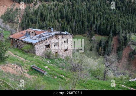 Alte traditionelle Häuser im Stadtteil Harat des Dorfes Ceberket, Bezirk Yusufeli der Provinz Artvin. Stockfoto