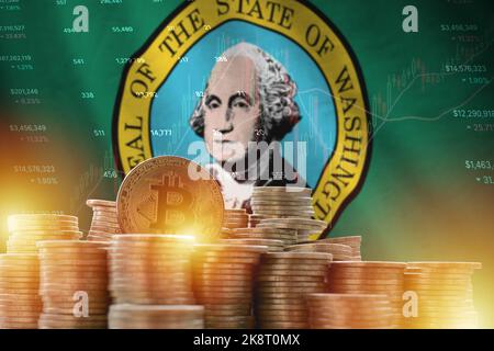 Washington US-Staatsflagge und große Menge an goldenen Bitcoin-Münzen und Handelsplattform Chart. Krypto-Währungskonzept Stockfoto