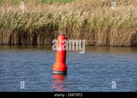 Rote Boje, um eine Spaltung in einem Fluss in den Niederlanden zu markieren. Stockfoto