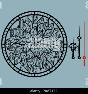 Eine schöne Uhr mit einer schönen Illustration, lasergeschnittenes Blumenmuster. Vektor-Silhouette, Schablone, Laserschneiden... Stock Vektor