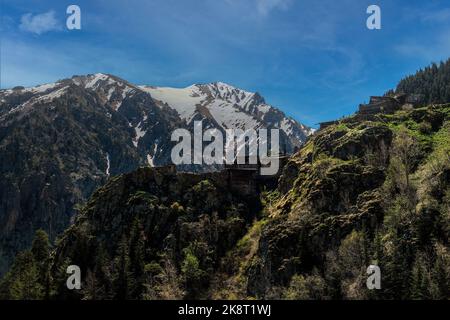 Traditionelle Plateauhäuser in der Aşağı-Sakora-Hochebene (Aşağı Sakora Yaylası) im Bezirk Yusufeli der Provinz Artvin. Stockfoto