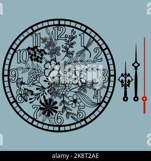Eine schöne Uhr mit einer schönen Illustration, lasergeschnittenes Blumenmuster. Vektor-Silhouette, Schablone, Laserschneiden... Stock Vektor